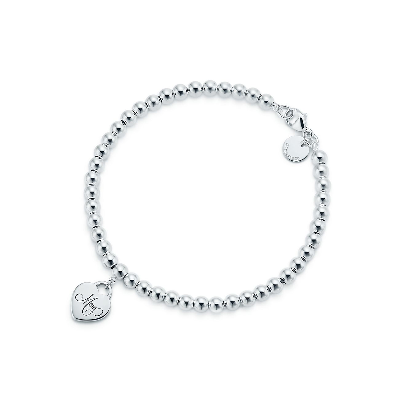 Bracelet à billes avec mini plaque en cœur « Mom » en argent sterling, moyen.